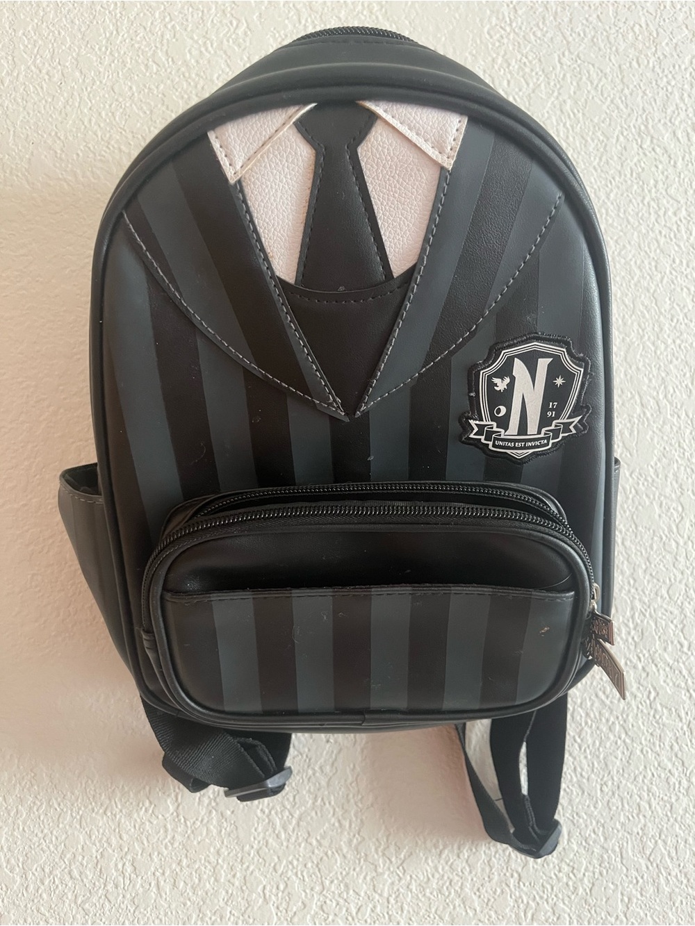 Black Striped Men's Mini Backpack with Crest Accent